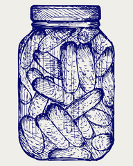 Preserved cucumbers in a jar. Doodle style. Vector EPS 8