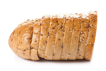 Healthy whole grain sliced bread with sunflower seeds on white b