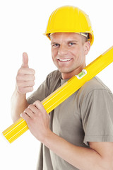 Bauarbeiter Wasserwaage zeigt Daumen