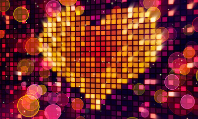 orange pixel heart shape on digital screen and lights
