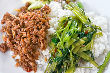 Rice with minced pork fried and fried morning-glory vine