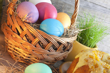 Colorful easter eggs in the basket closeup