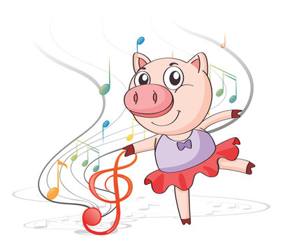 A pig dancing with musical notes
