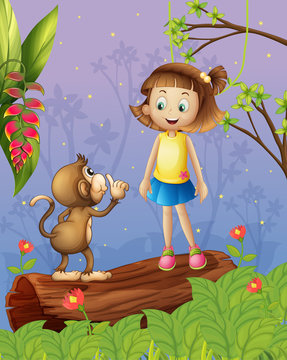 A girl and a monkey in the forest