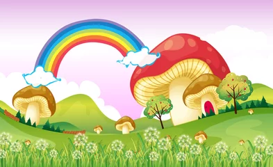 Wall murals Magic World Mushrooms near the rainbow