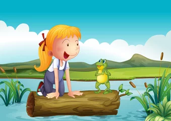 Foto op Plexiglas Een meisje met een kikker in de rivier © GraphicsRF