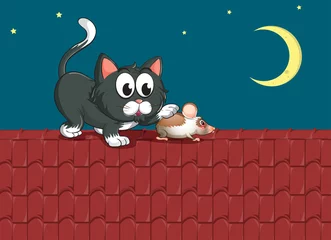 Papier Peint photo Lavable Chats Un chat et une souris sur le toit