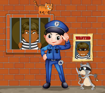 A policeman in front of a jail with two cats