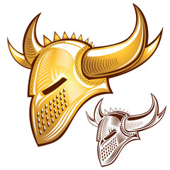 silhouette of knight golden helmet with horn