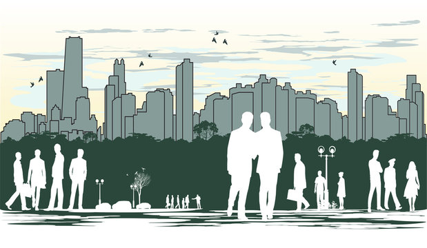 outline silhouette of the city with crowd of people