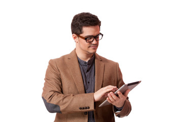 Portrait of smiling man with tablet computer. Isolated.