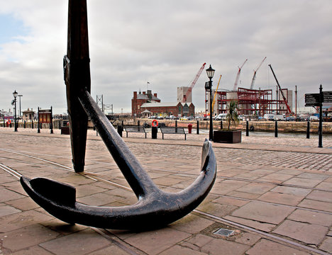 Large ships anchor outside Liverpool Maritime Museum, Liverpool,