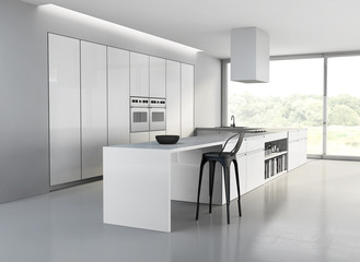 White contemporary minimal kitchen with garden view