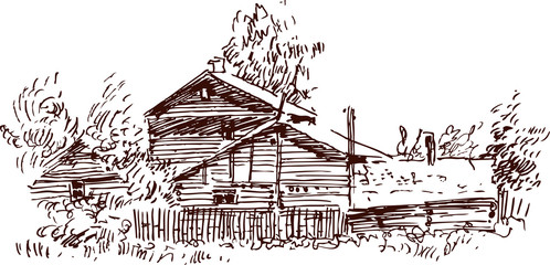 Sketch of a village house - obrazy, fototapety, plakaty
