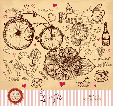 Vector hand drawn card with Paris symbols