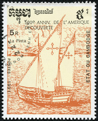 stamp printed in Cambodia shows image of a ship