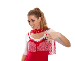 Junge Frau wirbt für etwas - in Rot und Weiß isoliert