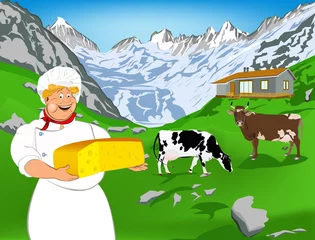 Papier Peint photo Ferme Chef et fromage laitier suisse naturel de vache avec prairie des alpes