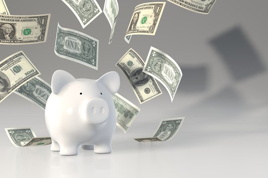 Piggy bank - flying Dollars