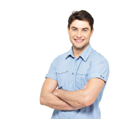 Portrait of happy man in blue casual shirt