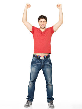 man with  in casuals with raised hands up isolated