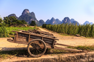 Fototapeta premium Chariot with branches in a limestone valley landscape
