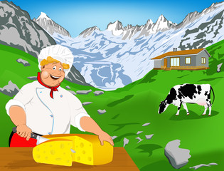 Chef and Natural swiss dairy cheese from cow with alps meadow