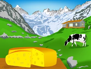 Papier Peint photo Ferme Fromage laitier suisse naturel de vache avec alpes meadow.Vector