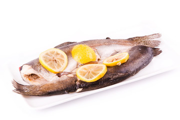 Trout with lemon cooked in a steamer. Healthy food concept.