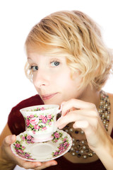 Beautiful lady portrait drinking tea
