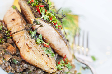 Baked salvenius filet on lentil salad