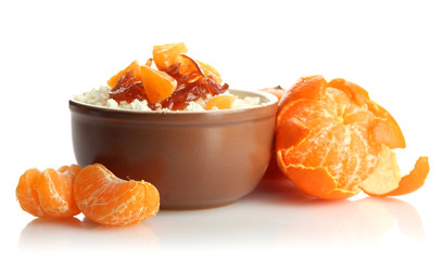 cottage cheese in bowl with homemade tangerine jam, isolated