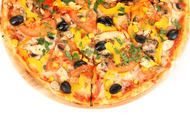 Tasty pizza with vegetables, chicken and olives isolated