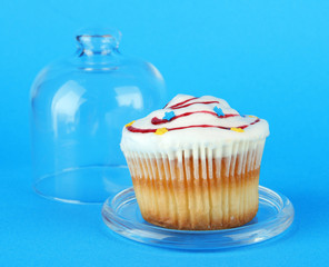 Cupcake on saucer with glass cover, on color background