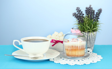 Cupcake on saucer with glass cover, on color background