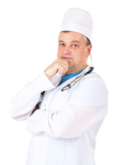 Medical doctor with stethoscope isolated on white