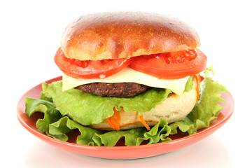 Big and tasty hamburger on plate isolated on white