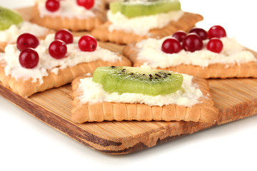 Tasty canapes with cheese, kiwi and cranberry,