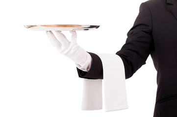 Professional waiter holding an empty dish. Isolated on white bac