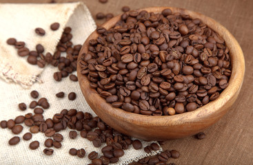 wooden bowl full of coffee beans