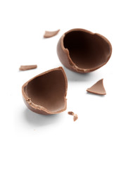 Broken into pieces sweet chocolate egg, isolated