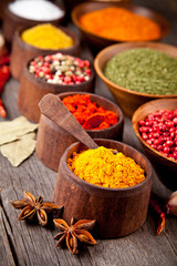 Various kind of spices in wooden bowls