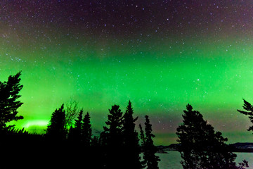 Fototapeta na wymiar Zielony blask zorzy polarnej lub Aurora Borealis