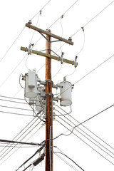Utility pole with power cables and transformers