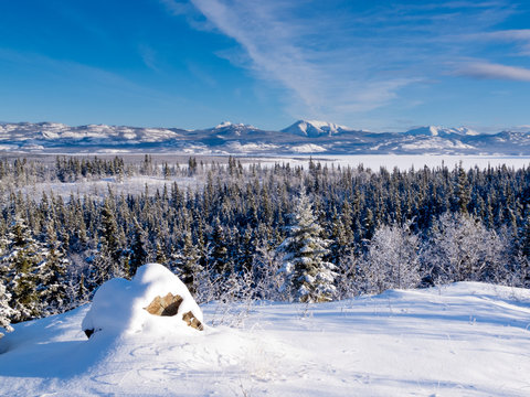 Scenic Winter At Frozen Lake Laberge Yukon Canada