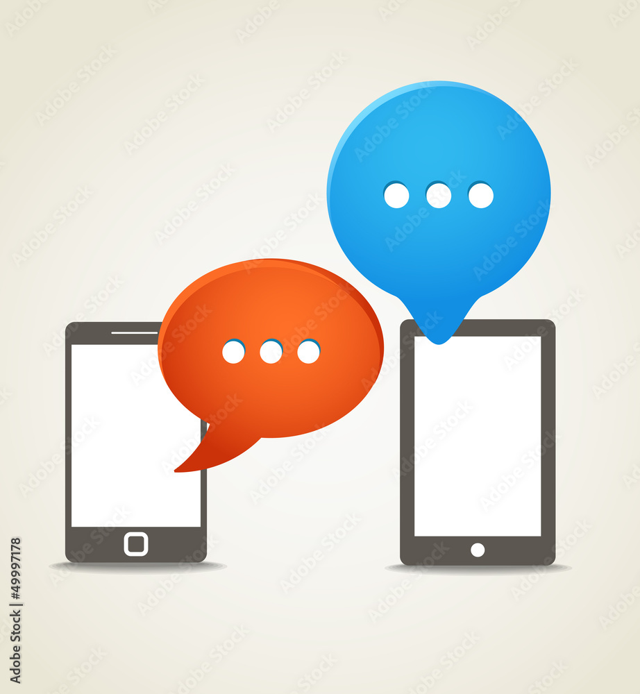 Poster two modern mobile phone with speech clouds
