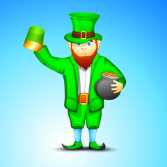 Happy leprechaun holding gold coins pot and beer mug on blue bac