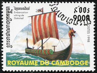 stamp printed in Cambodia shows image of a sailing ship