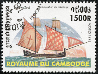 stamp printed in Cambodia shows image of a sailing ship