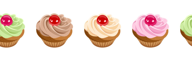 Horizontal seamless background with cupcakes. Vector.